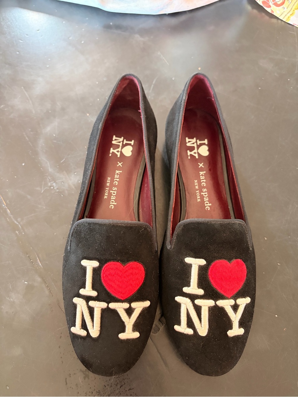 kate spade Black Suede Loafers with Red Heart 'I ♥ NY' Embroider
